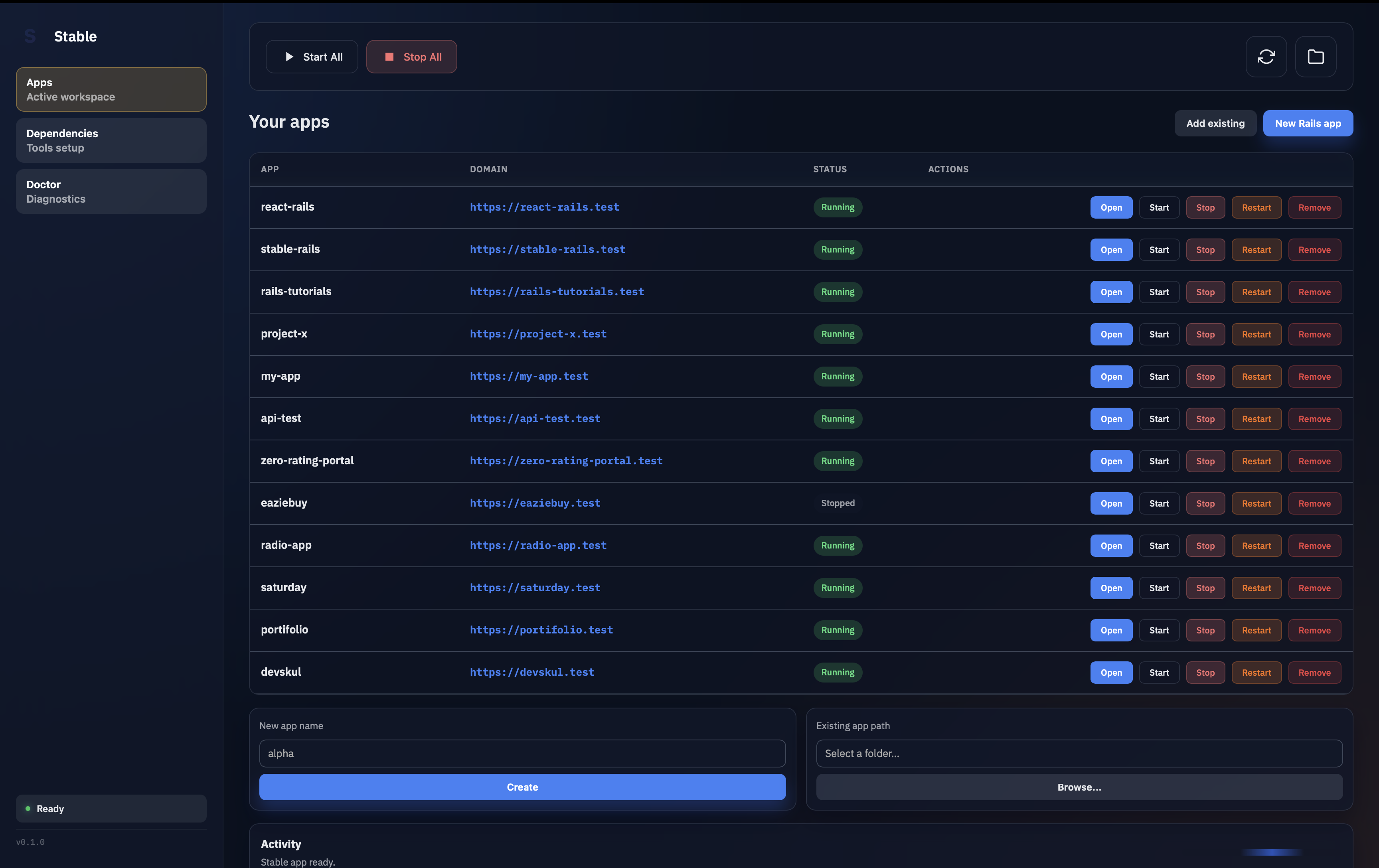 Stable Desktop App showing the apps list with multiple Rails applications running