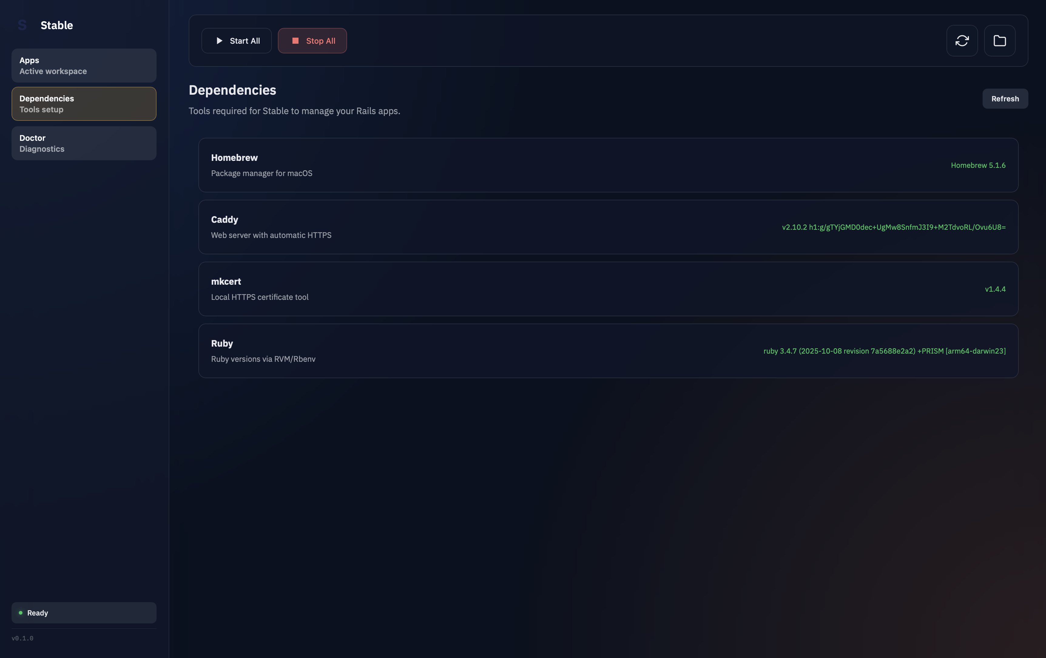 Stable Desktop app dependencies page showing installed tools