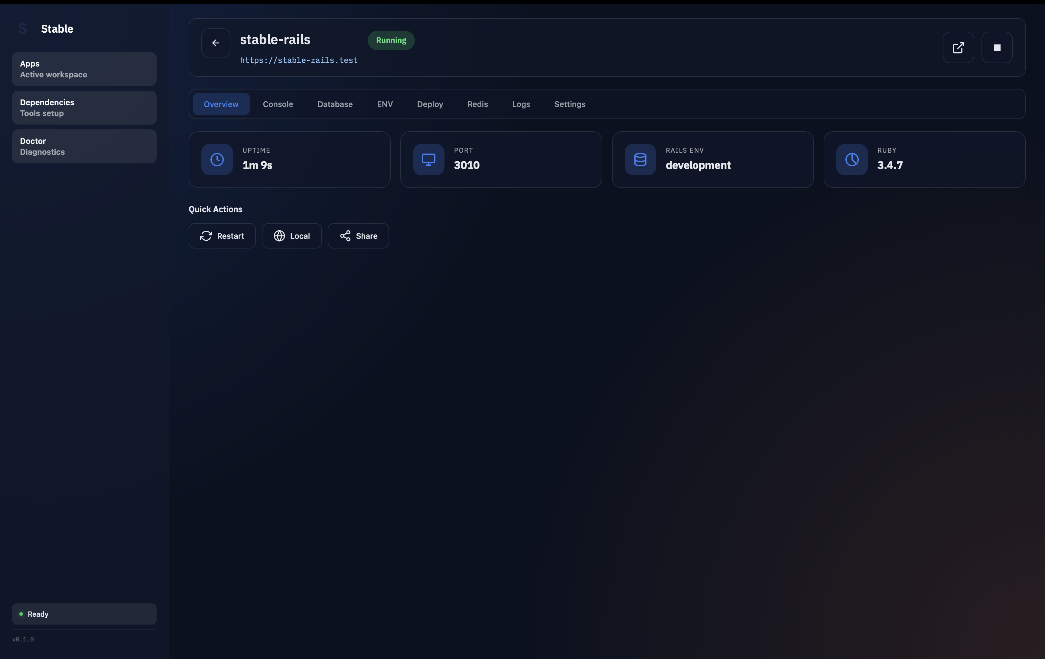 Stable Desktop app overview page showing app metrics