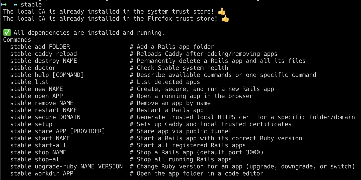 Stable CLI help output showing all available commands